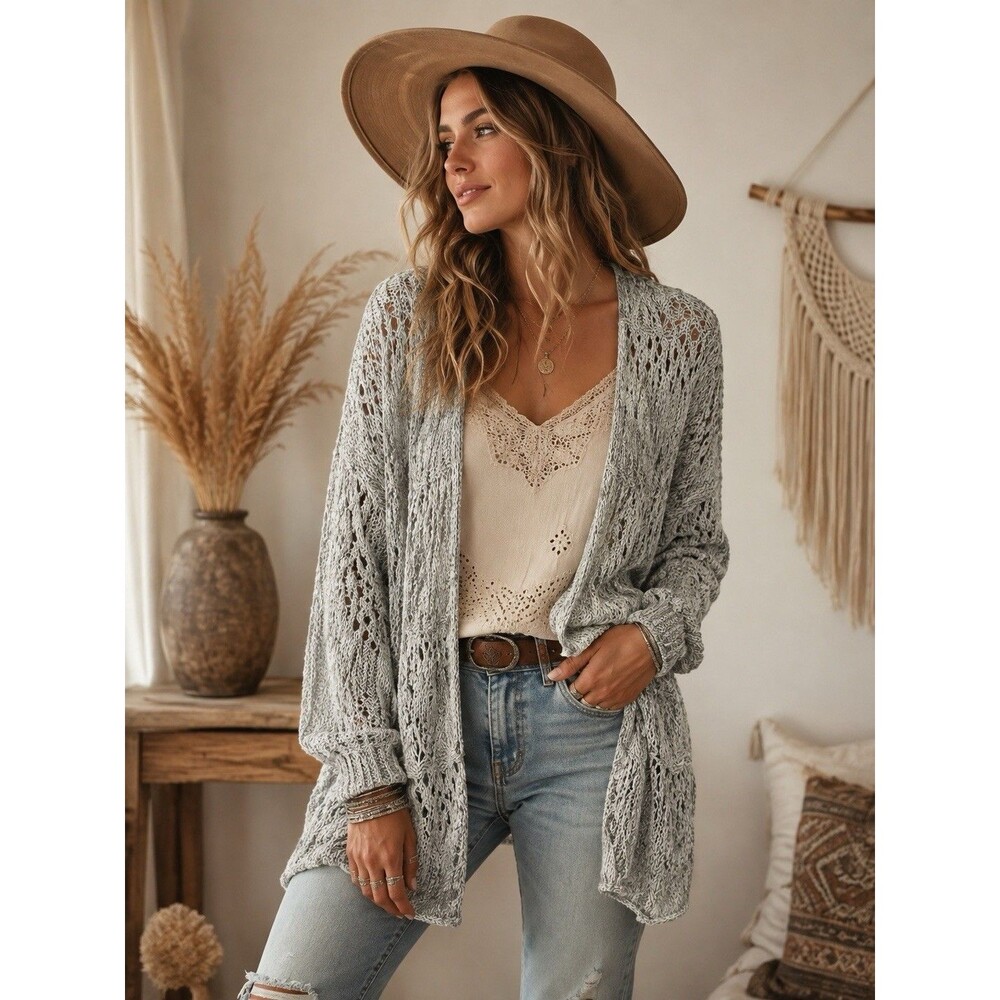 Hollister Open Knit Front Sweater Size XS/S Crochet Grey & White Boho